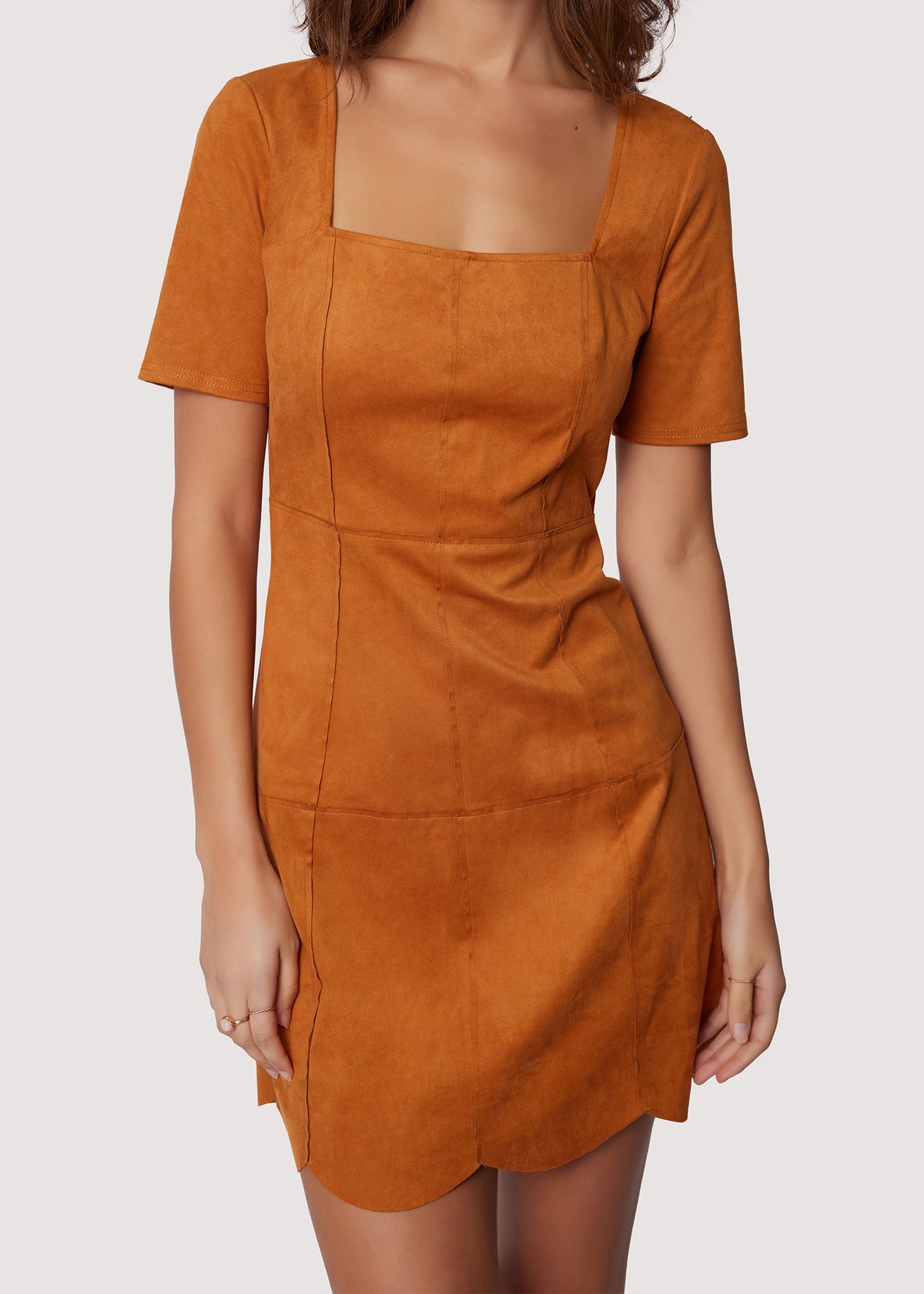 LOST+WANDER Amore Fitted Square Neck Scallop Hem Mini Dress - Caramel | Lost + Wander LOST+WANDER Amore Fitted Square Neck Scallop Hem Mini Dress - Caramel | Lost + Wander