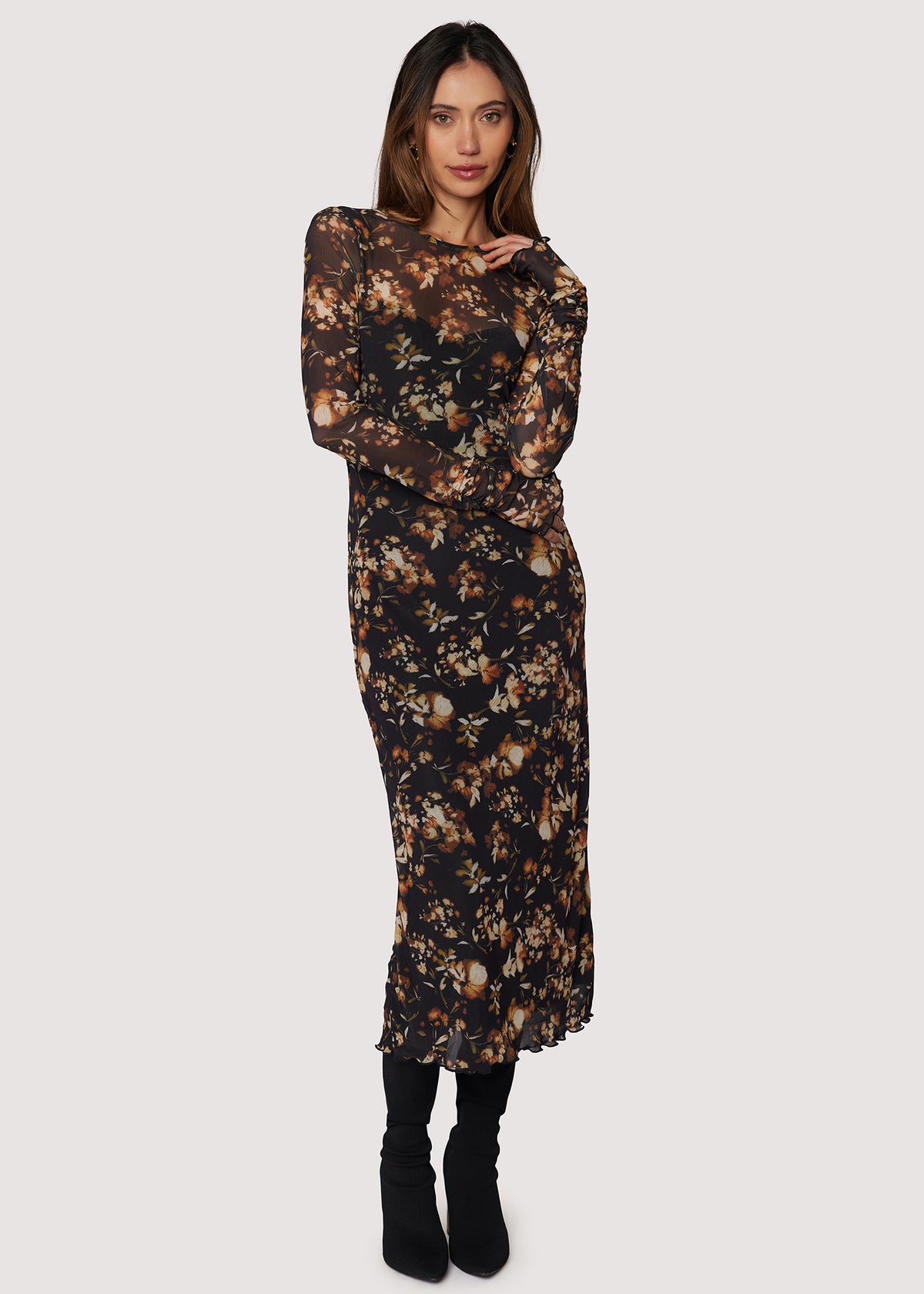 long sleeve black floral midi dress Moonlit Meadow Midi Dress