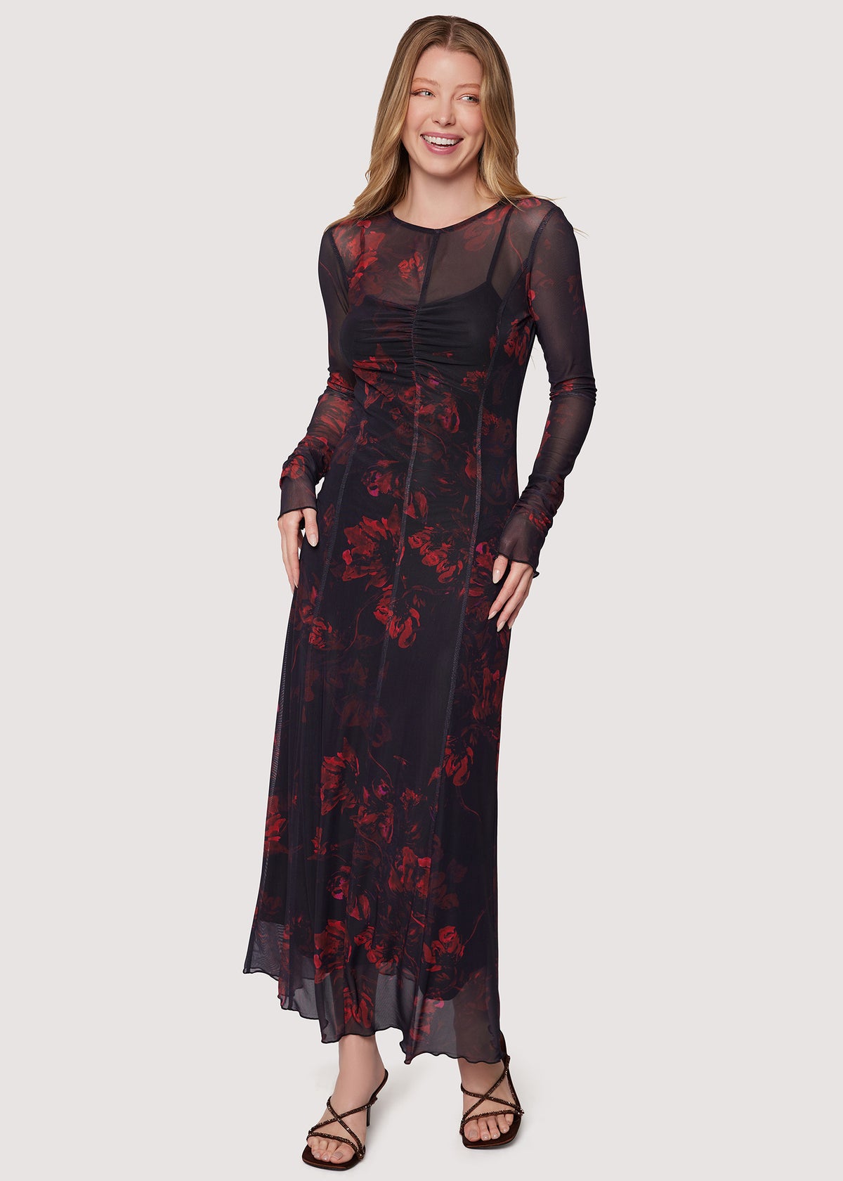 LOST+WANDER La Rosé Long Slv Maxi Dress Mesh Floral Fall - Black/Red
