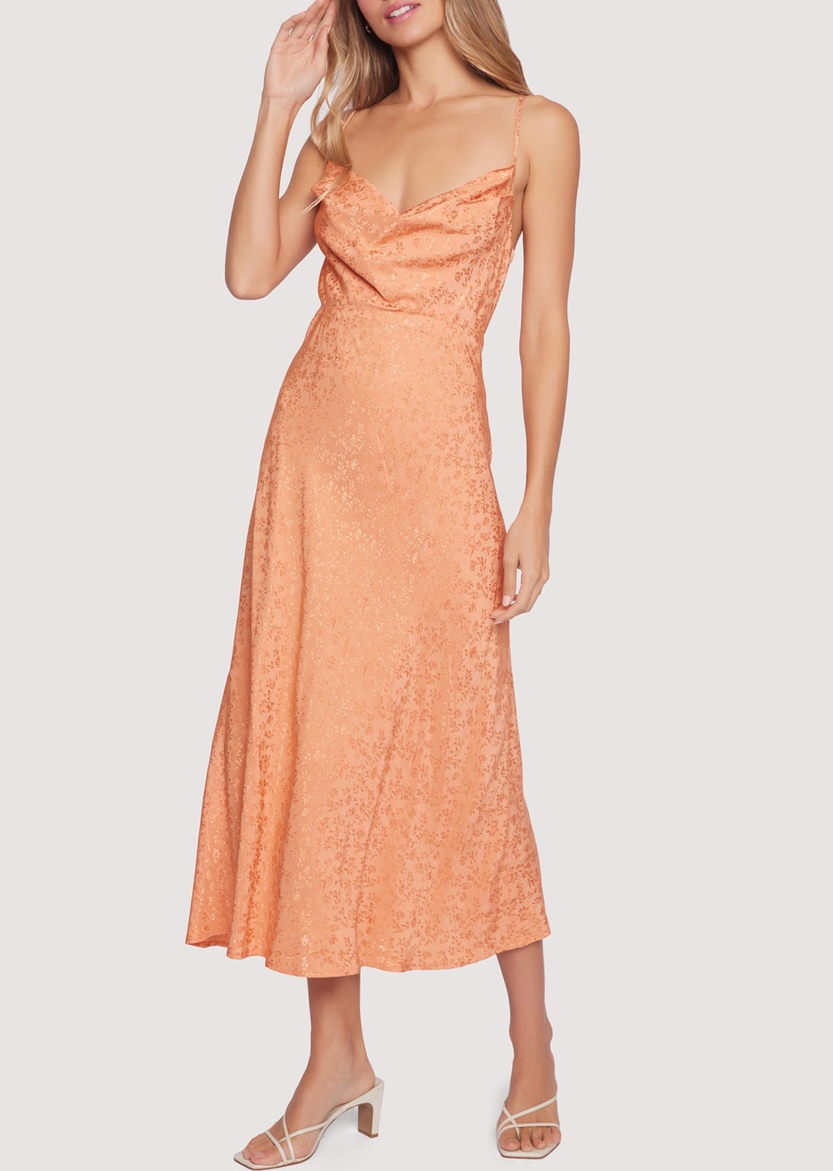 paiva satin midi dress peach Peach Floral Satin Midi Dress Small