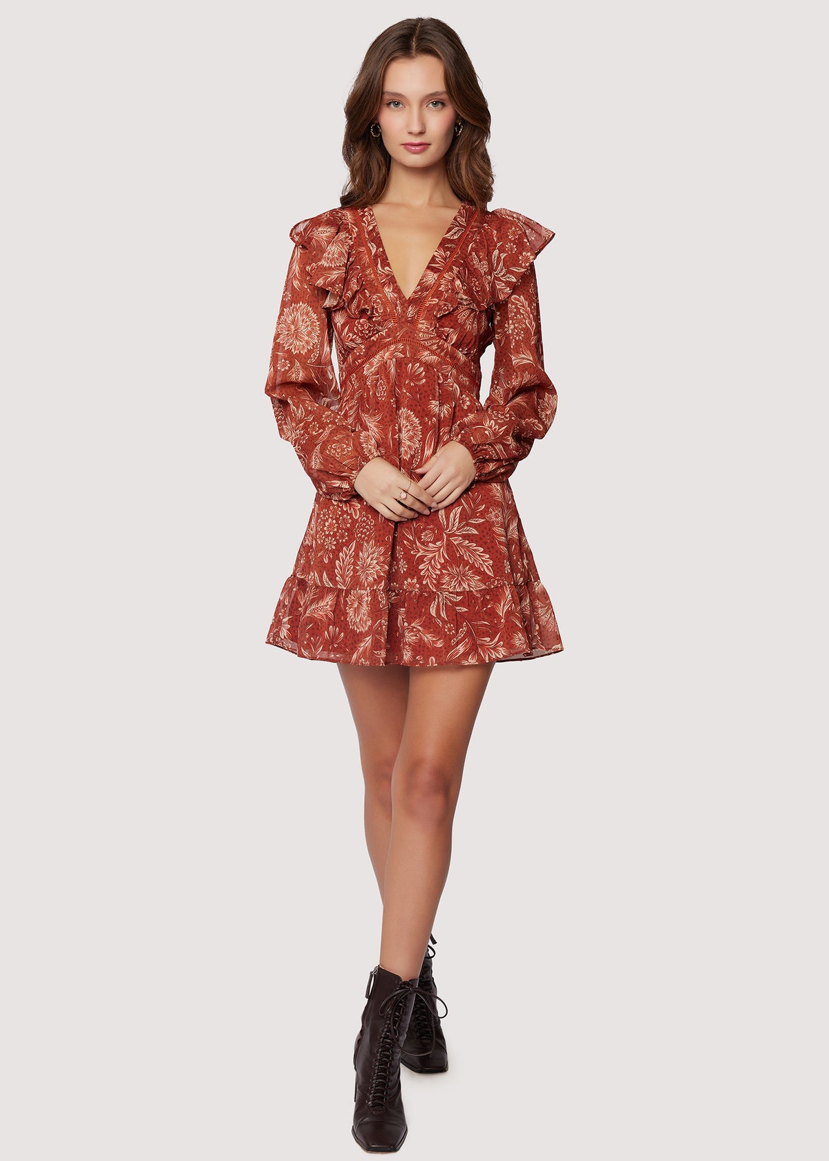 LOST+WANDER Florencia V-Neck Ruffles Long Slv Mini Dress - Rust | Lost + Wander LOST+WANDER Florencia V-Neck Ruffles Long Slv Mini Dress - Rust | Lost + Wander