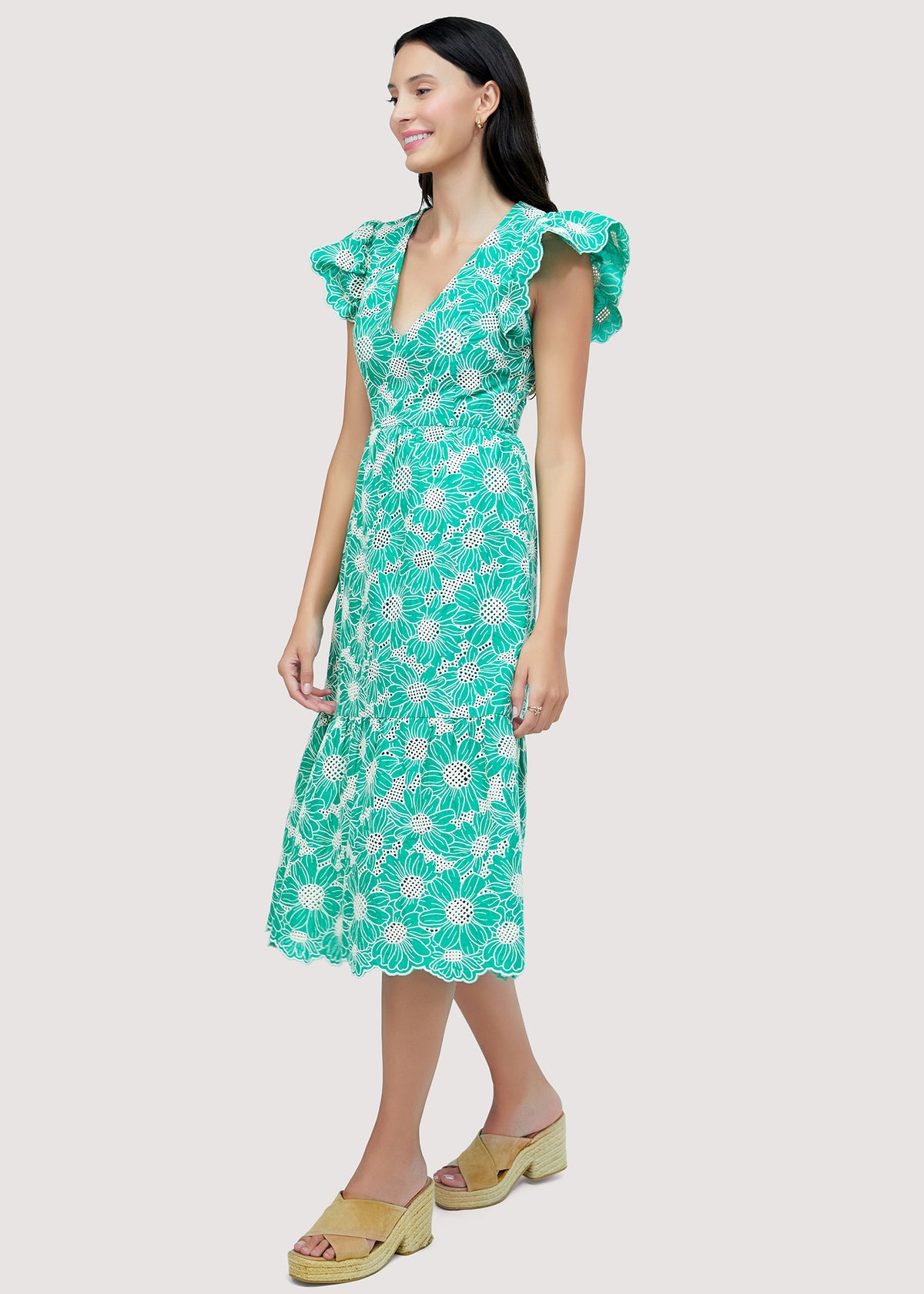 LOST+WANDER Zenith Midi Dress Cotton Summer Flutter Shoulder - Green