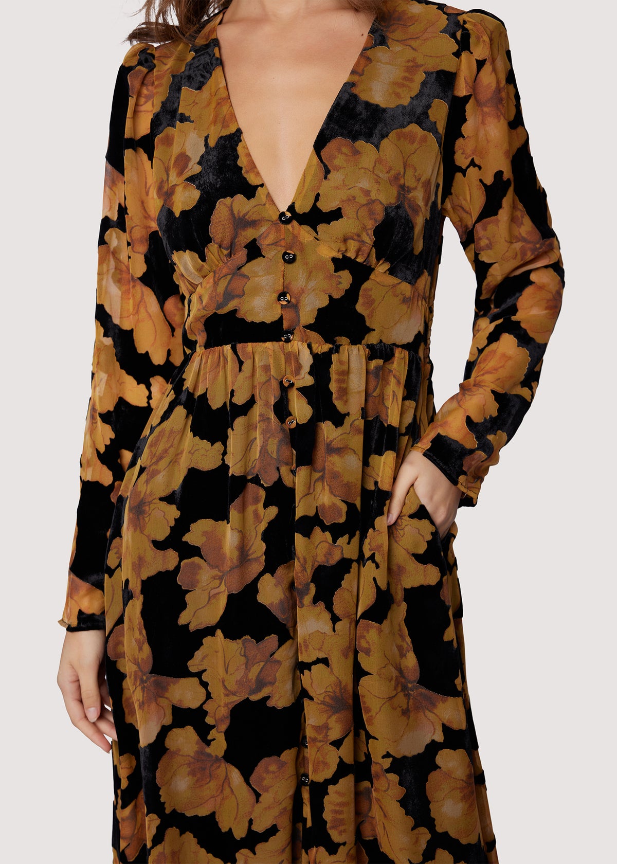LOST+WANDER Massimo Midi Dress Fall Burnout Velvet Button Down -Yellow