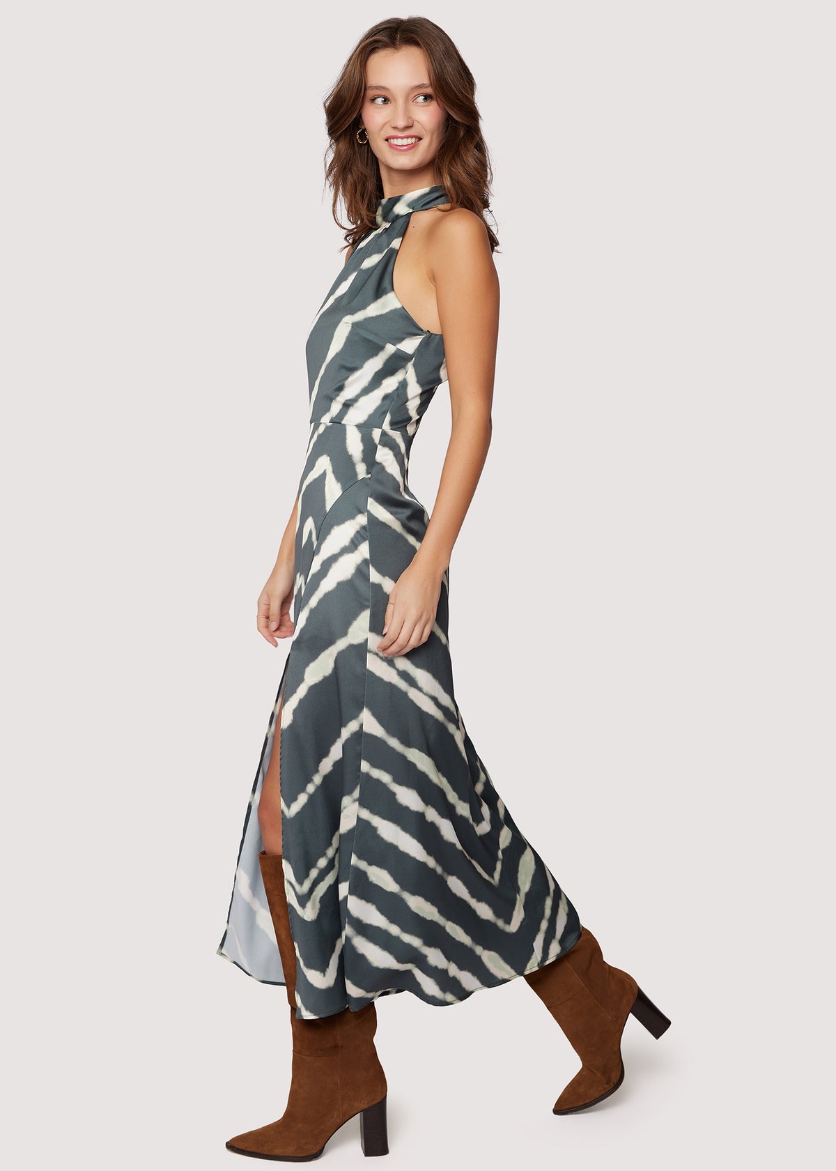 LOST+WANDER Serra Elisa Maxi Dress Satin Stripe Slit Halter - Green