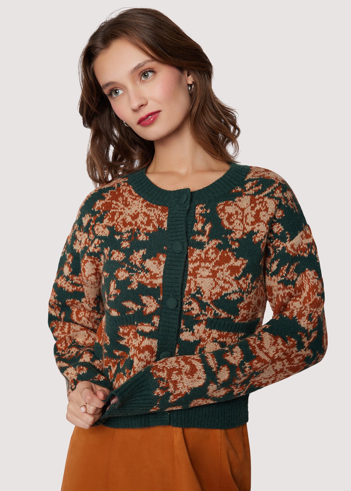 LOST+WANDER Rosetta Knit Floral Button-Down Cardigan - Green