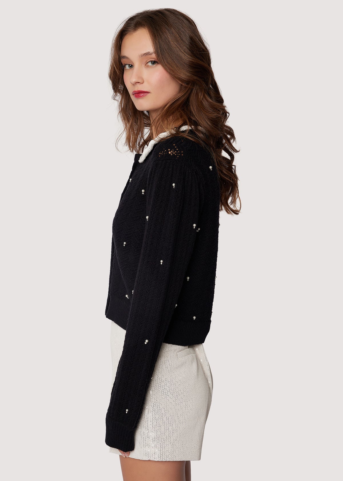 LOST+WANDER Perla Cardigan Knit Scallop Collar Pearl/Crystal