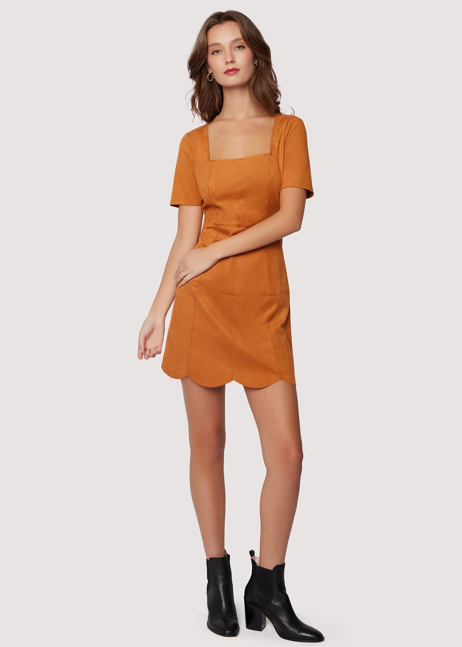 LOST+WANDER Amore Fitted Square Neck Scallop Hem Mini Dress - Caramel | Lost + Wander LOST+WANDER Amore Fitted Square Neck Scallop Hem Mini Dress - Caramel | Lost + Wander