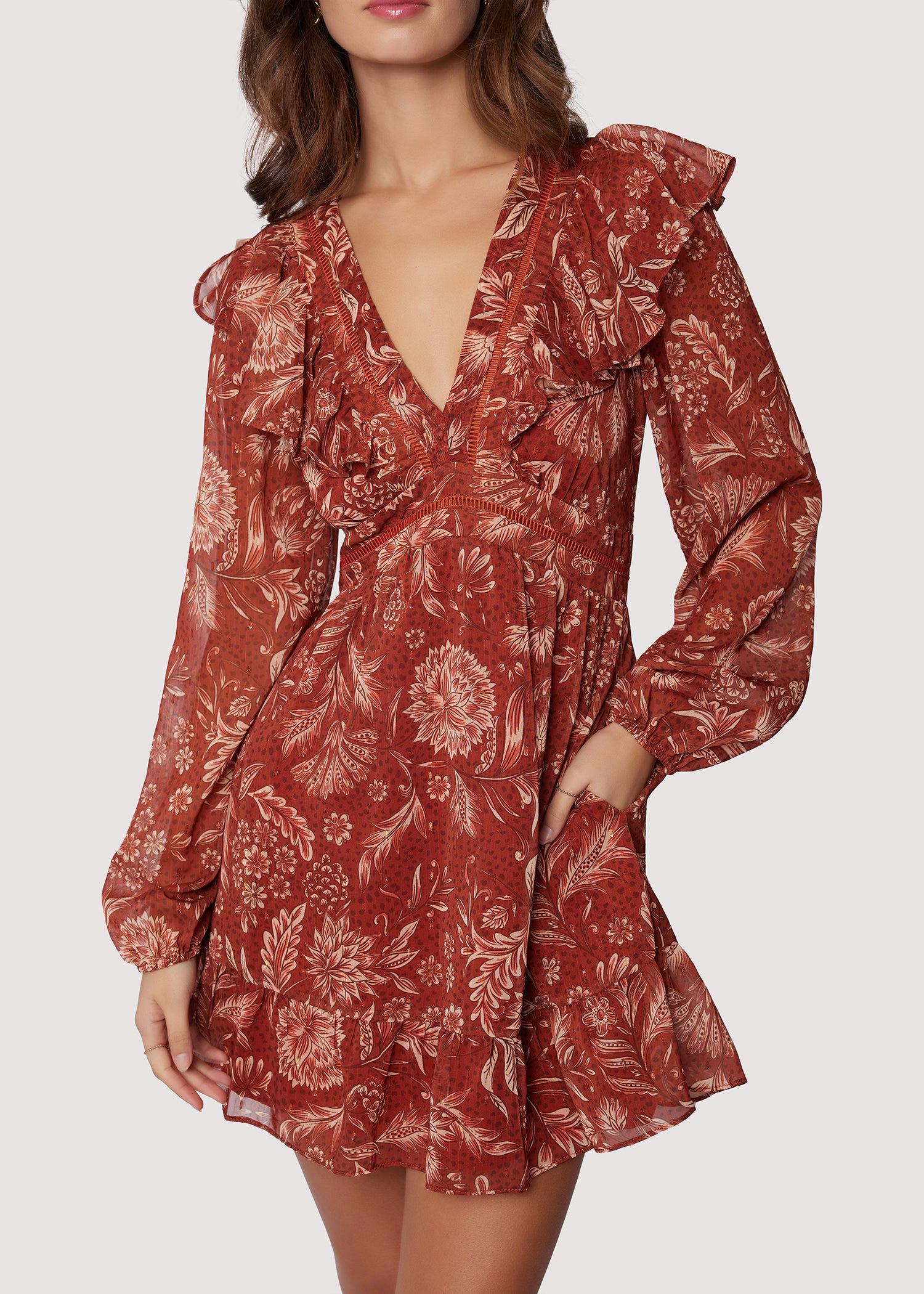 LOST+WANDER Florencia V-Neck Ruffles Long Slv Mini Dress - Rust