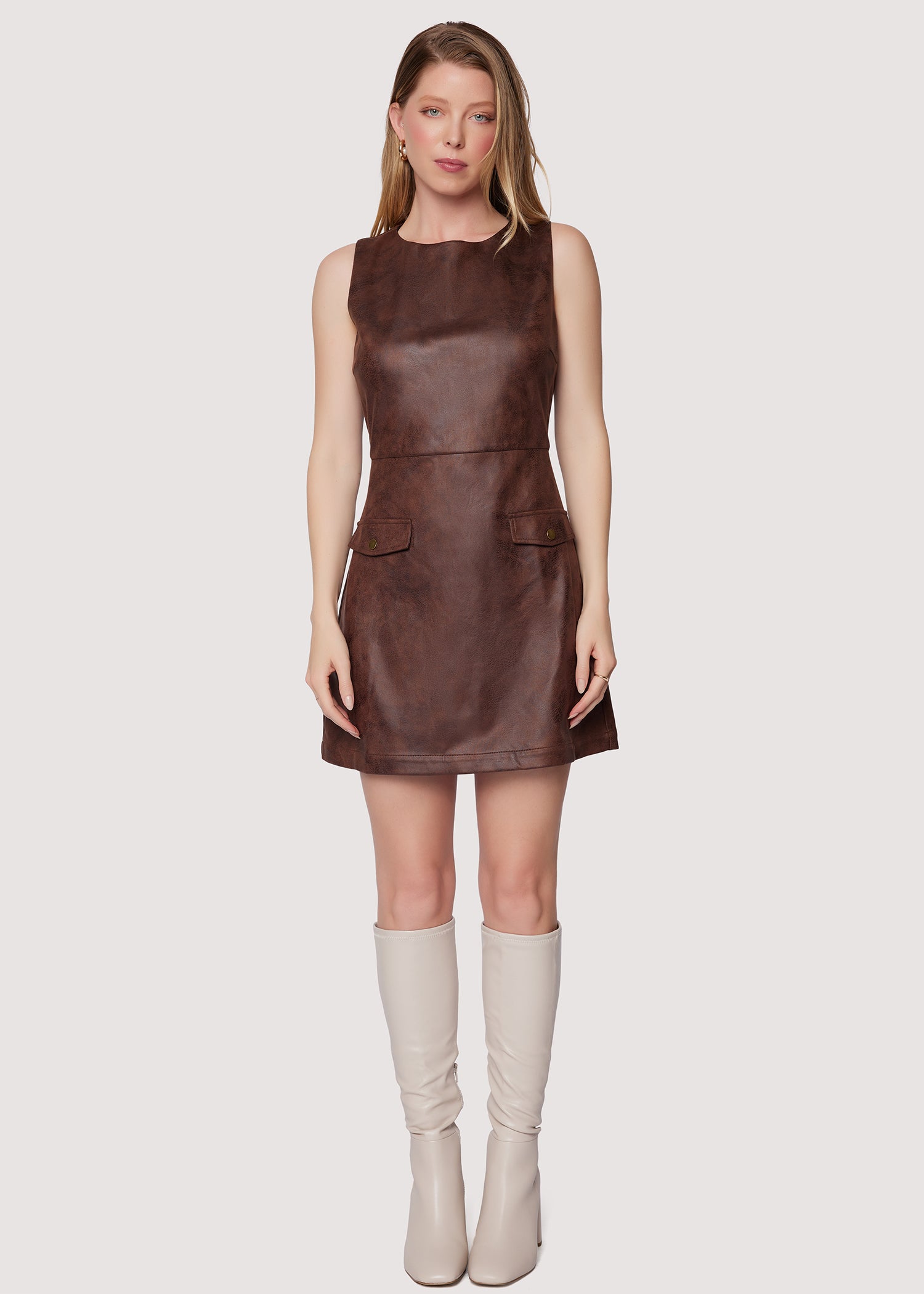 knee length dresses for ladies Eco-leather tan sheath dress – anushka.world main image 0