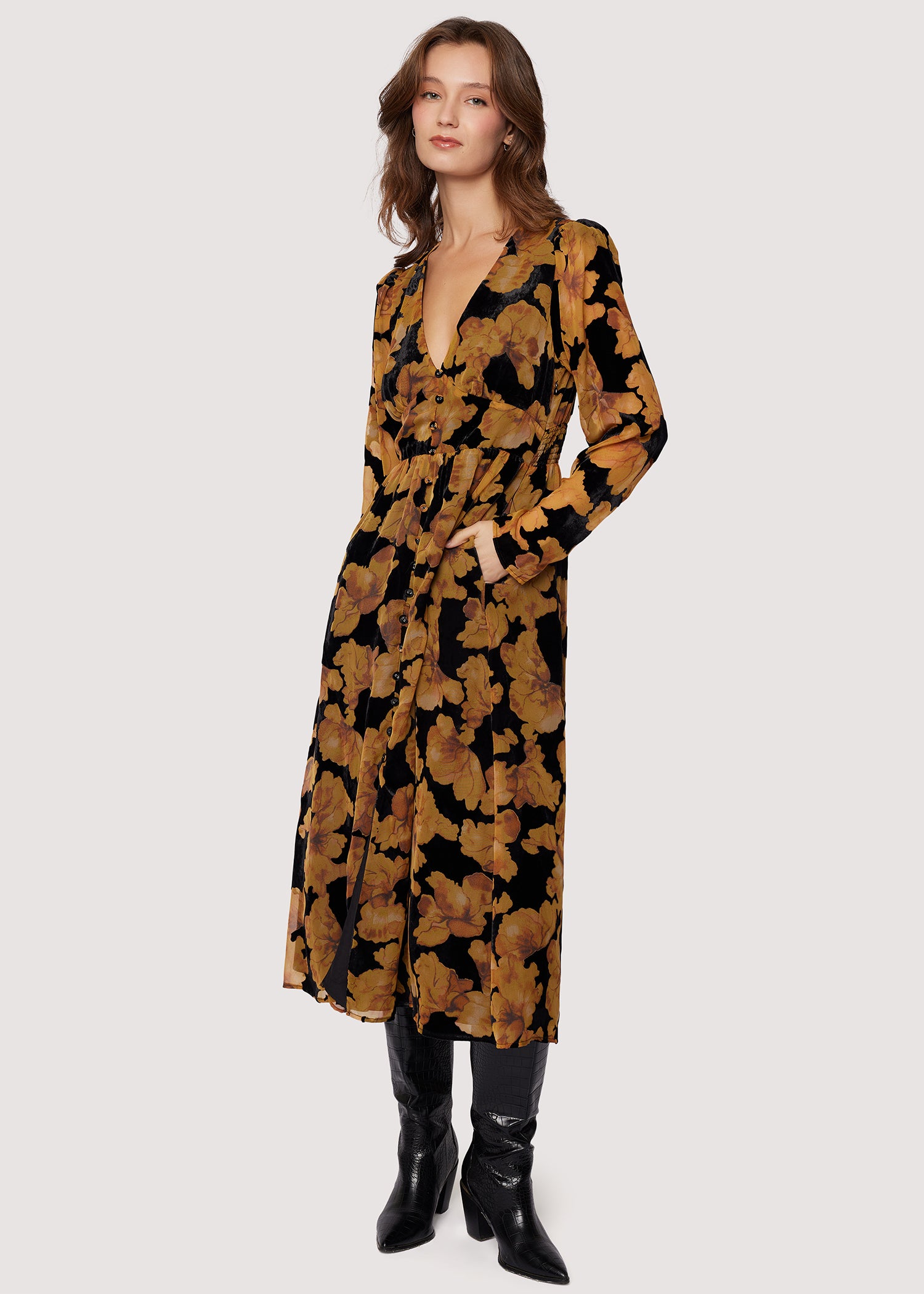 LOST+WANDER Massimo Midi Dress Fall Burnout Velvet Button Down -Yellow | Lost + Wander LOST+WANDER Massimo Midi Dress Fall Burnout Velvet Button Down -Yellow | Lost + Wander