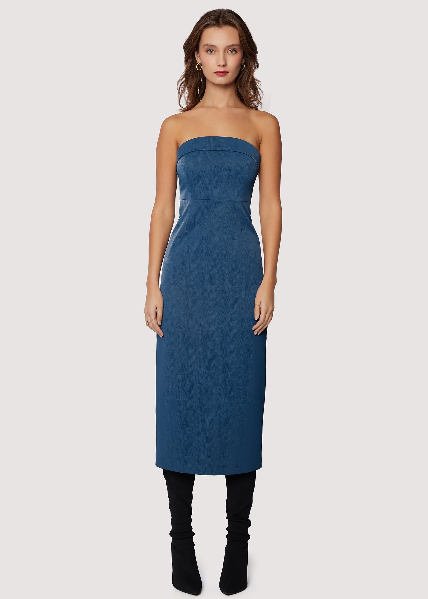 LOST+WANDER Isola Midi Dress Faux Leather Fitted - Deep Teal/Blue