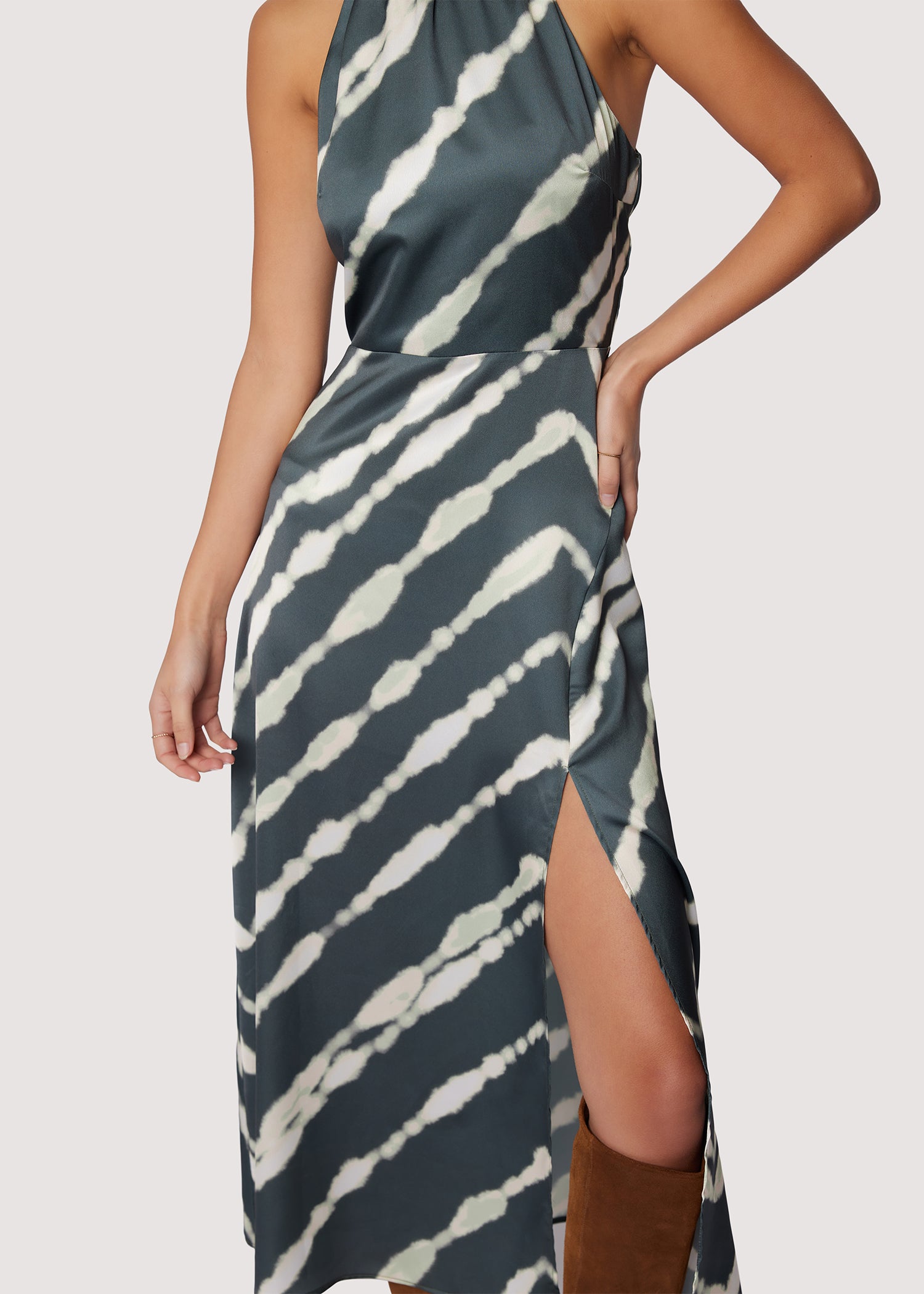LOST+WANDER Serra Elisa Maxi Dress Satin Stripe Slit Halter - Green